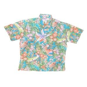 Reyn Spooner Vintage Hawaiian Shirt Half Button Lobster Koi Fish Floral Size XL